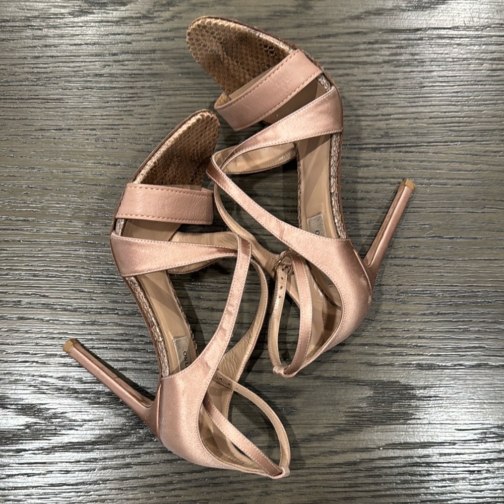 Valentino Garavani Satin Strappy Snake Skin Pattern Pink/Cream Strappy Heels - Picture 7 of 10